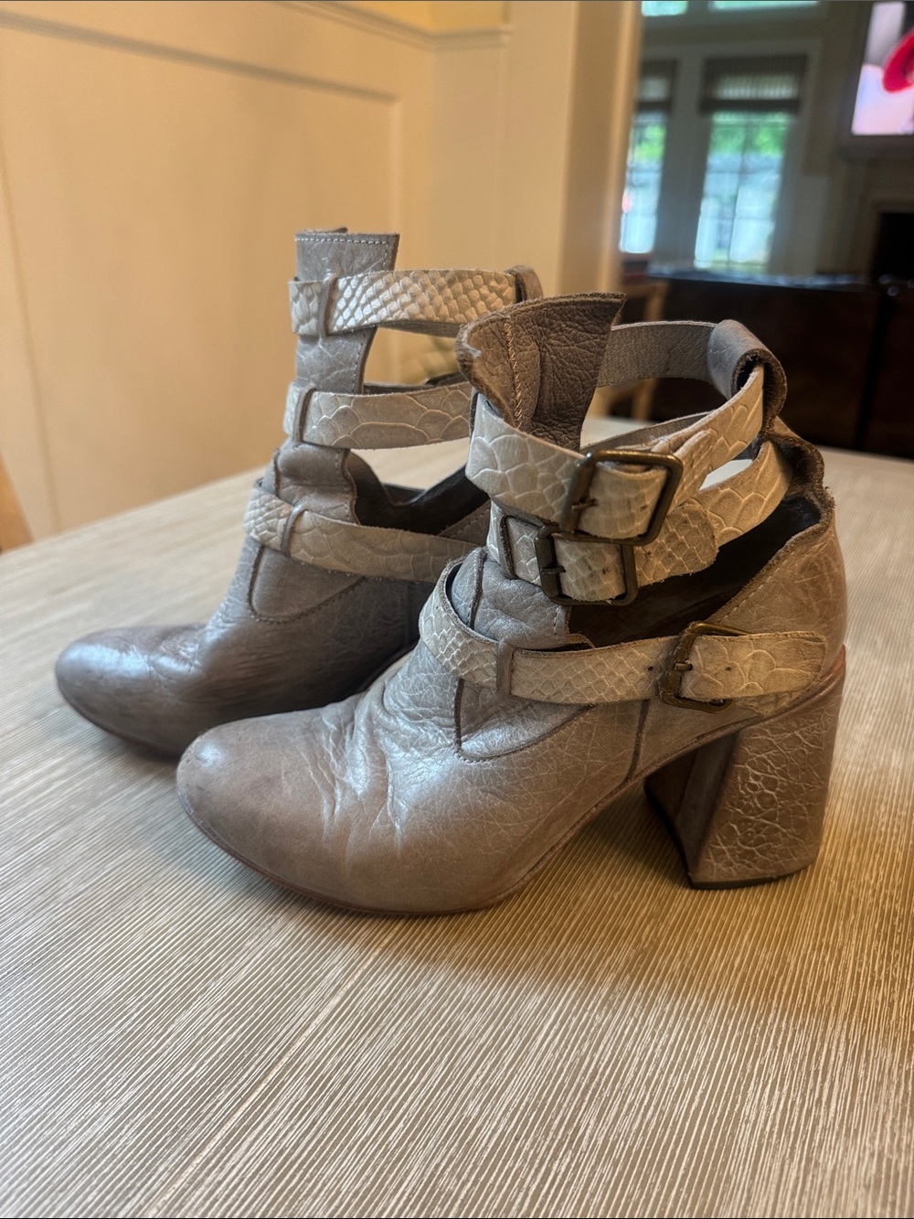 Freebird by Steven Taupe Strappy Block Heel Ankle Boots Teddy